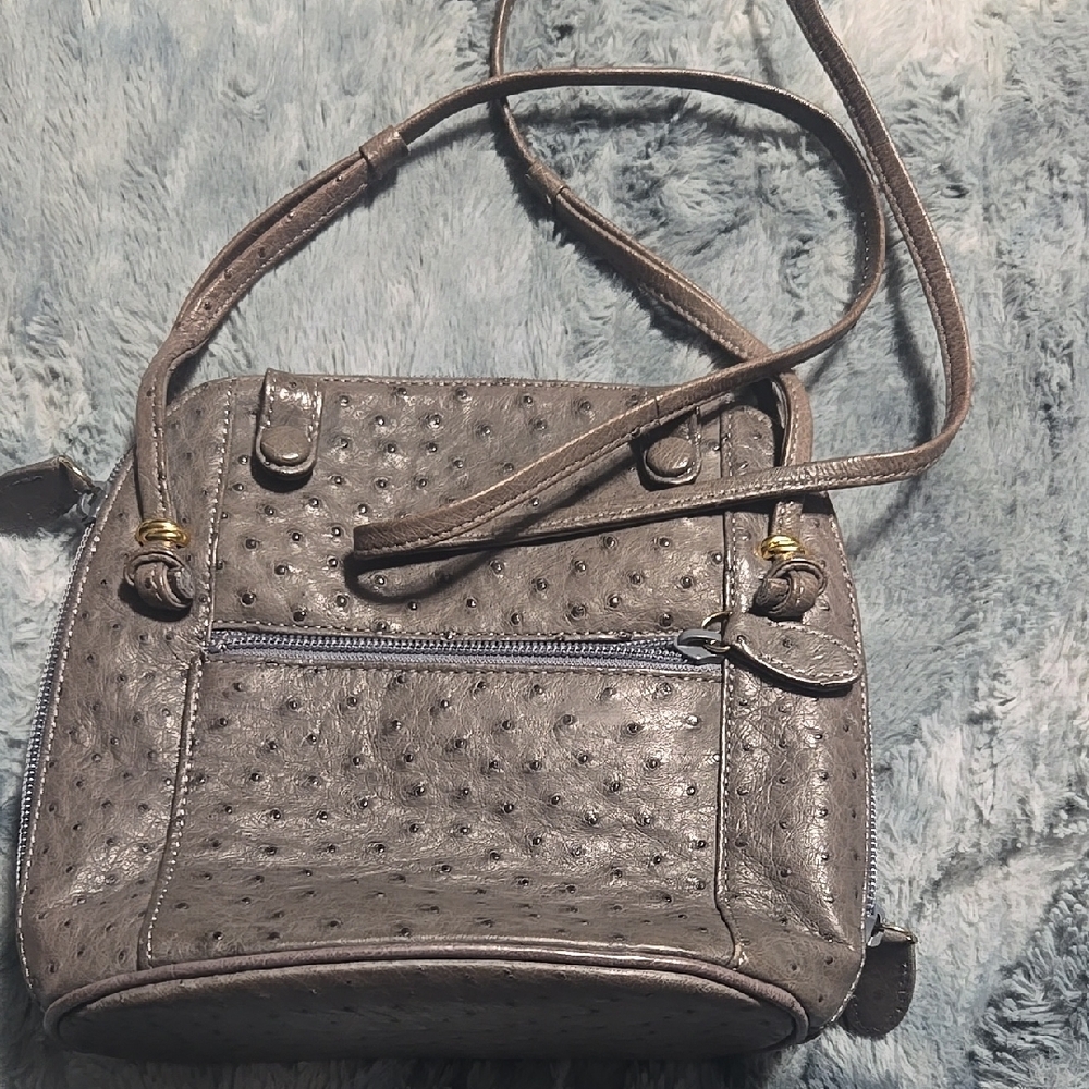 Gray Ostrich Crossbody Bag with Textured Leather and Gold Hardware